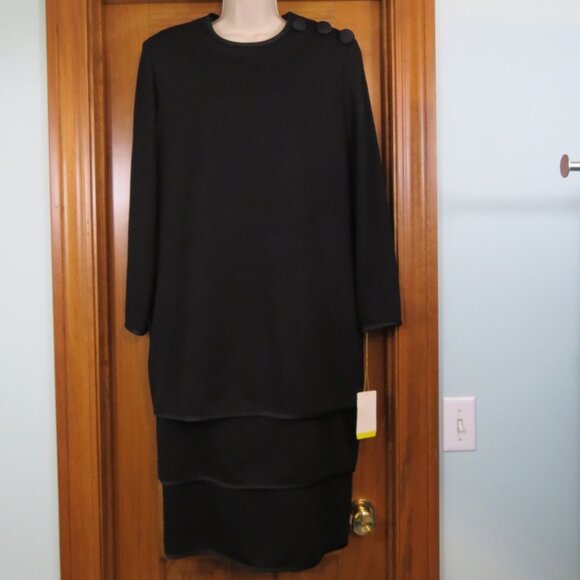 NWT Caron Black Knit Dress Long Sleeve Tiered Size 14 - Picture 1 of 11